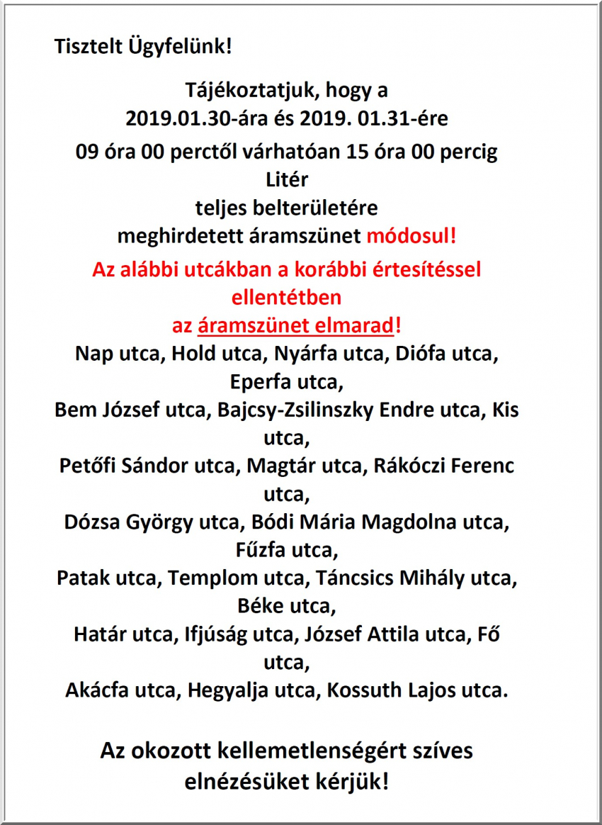 Áramszünet - 2019.01.30, 31.