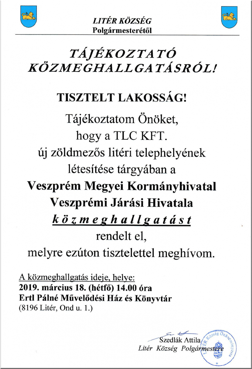 Tájékoztató közmeghallgatásról - 2019.03.18. 14.00 óra