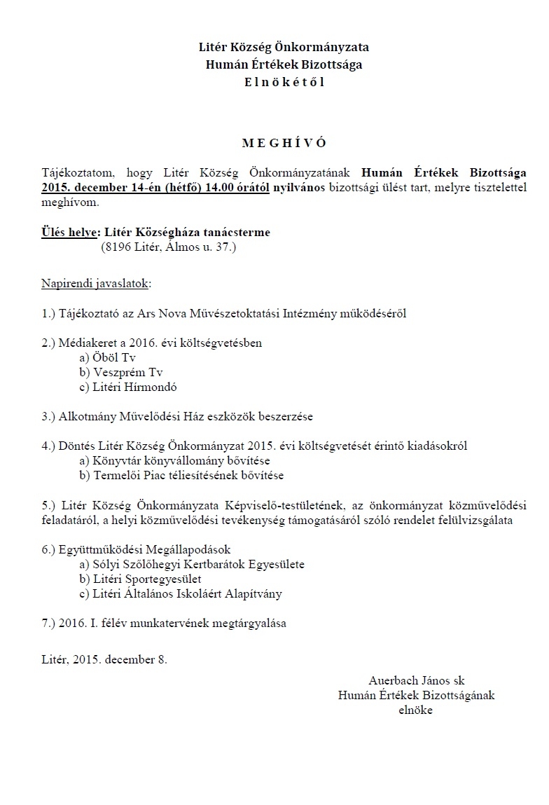 Bizottsági és Képviselő-testületi ülés - 2015 december hó
