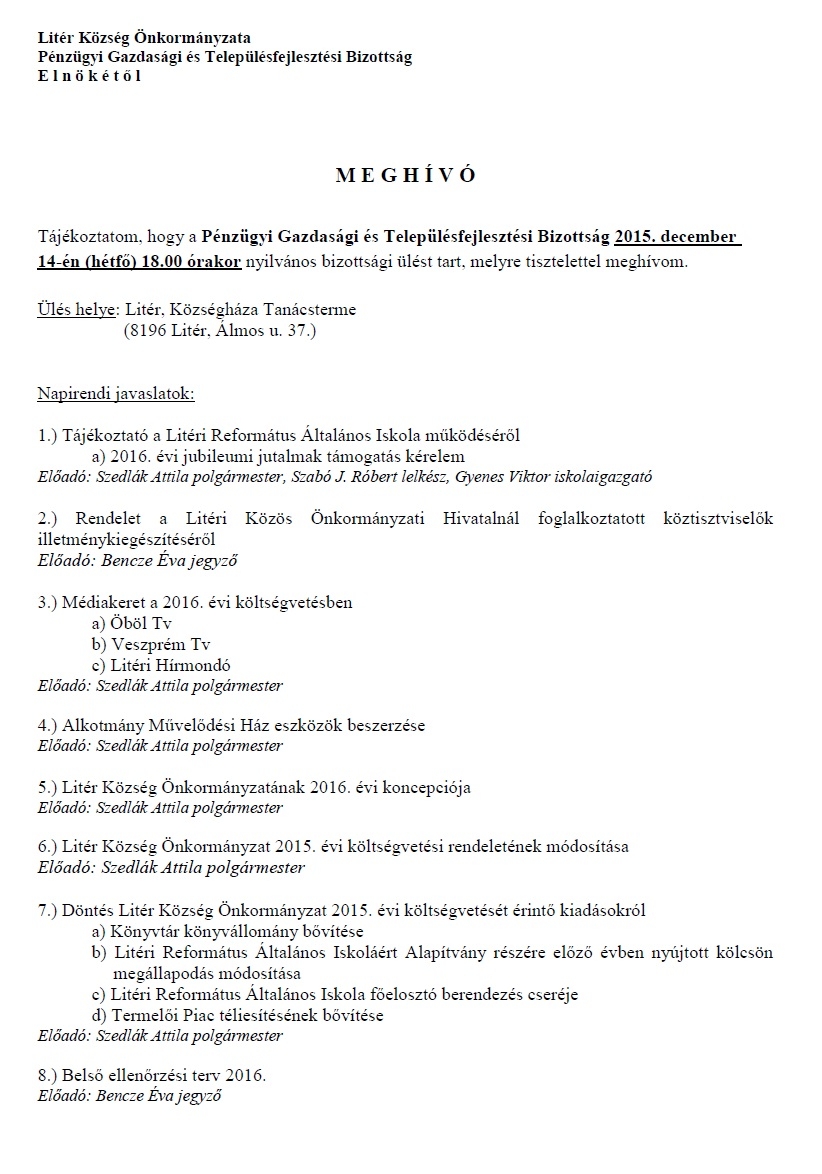 Bizottsági és Képviselő-testületi ülés - 2015 december hó