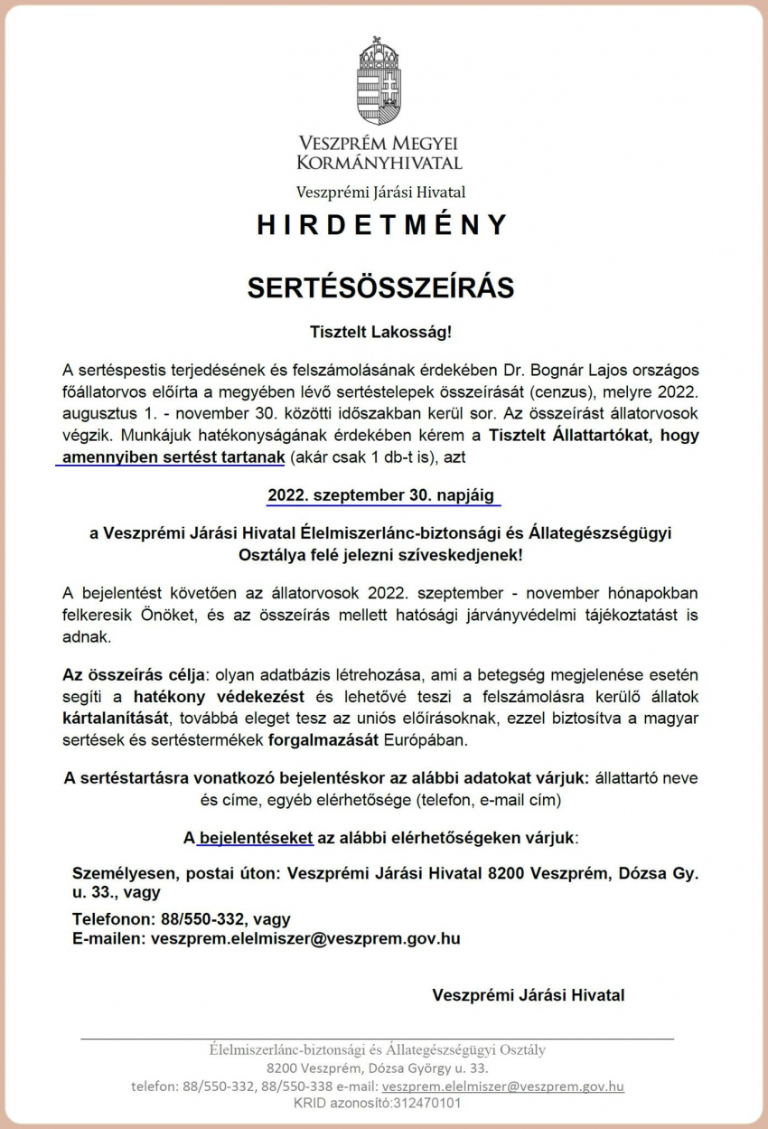 Hirdetmény - Sertésösszeírás!