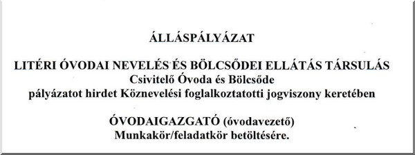 Álláspályázat - óvodaigazgató munkakör betöltésére!