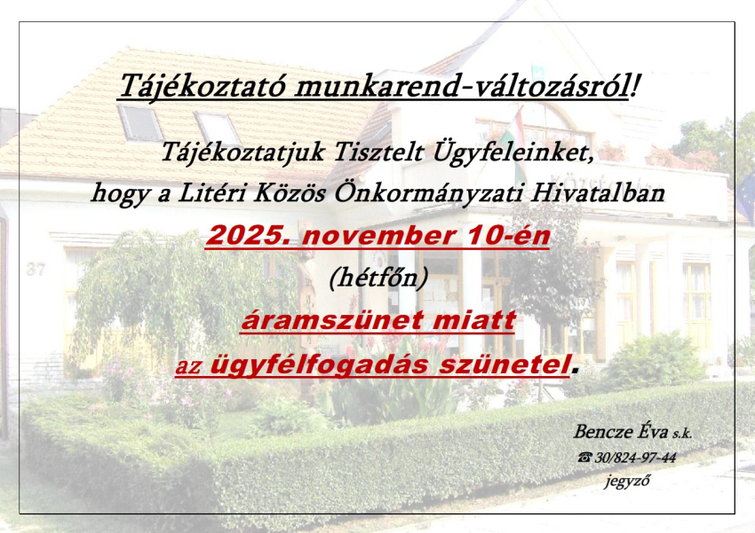 Tájékoztató munkarend-változásról - 2025.11.10. (hétfő)