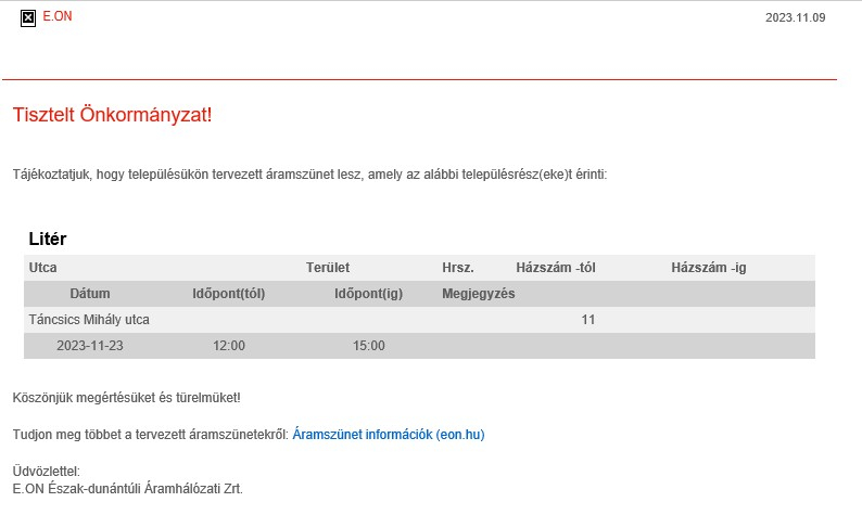Áramszünet - 2023.11.23. 