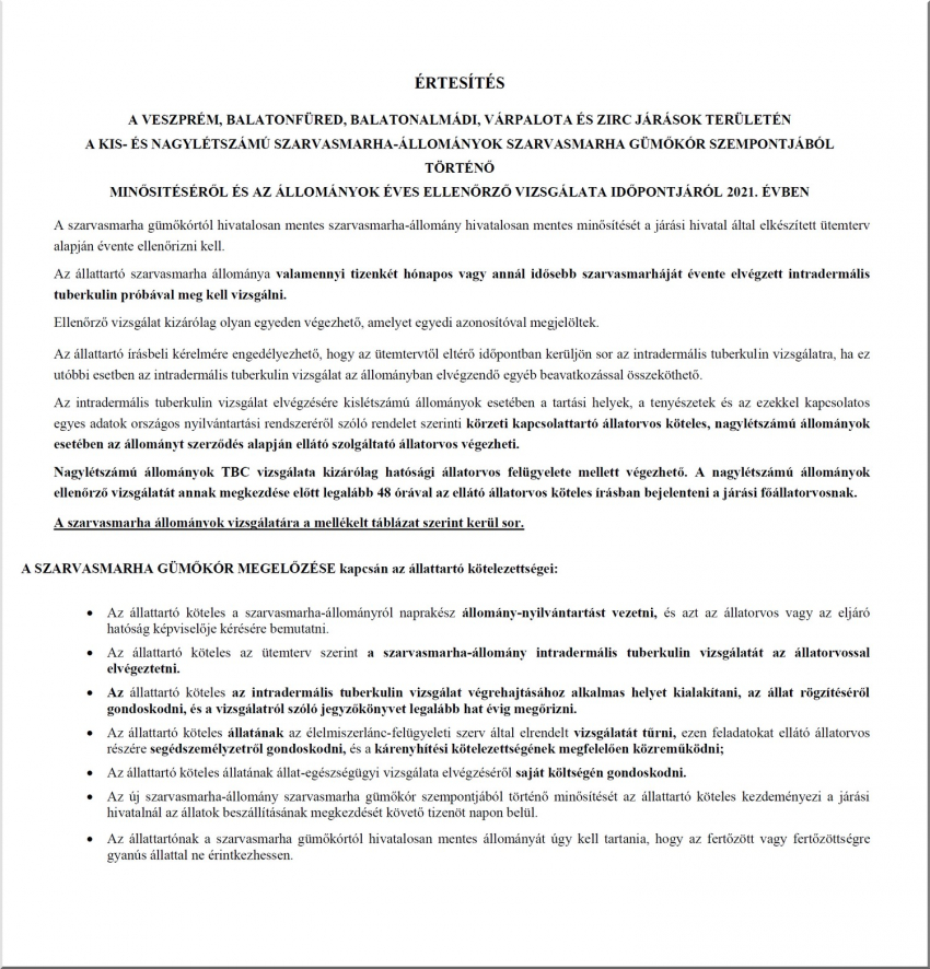 Értesítés - Szarvasmarha állományok gümőkór szempontjából történő minősítéséről és az állományok vizsgálatáról