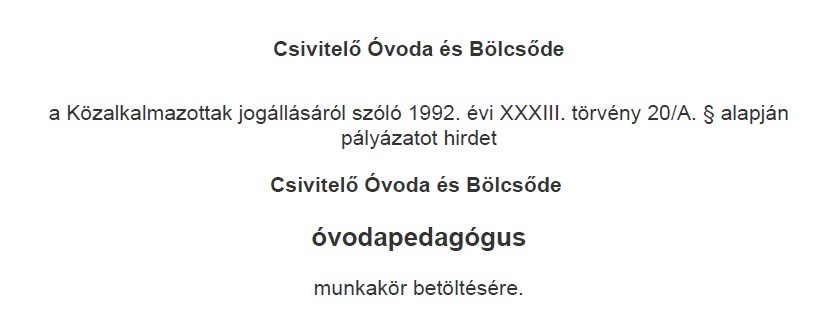 Álláspályázat óvodapedagógus állás betöltésére!!