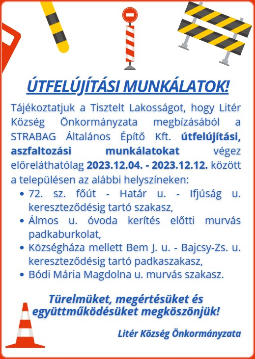 Tájékoztatás útfelújítási munkálatokról!