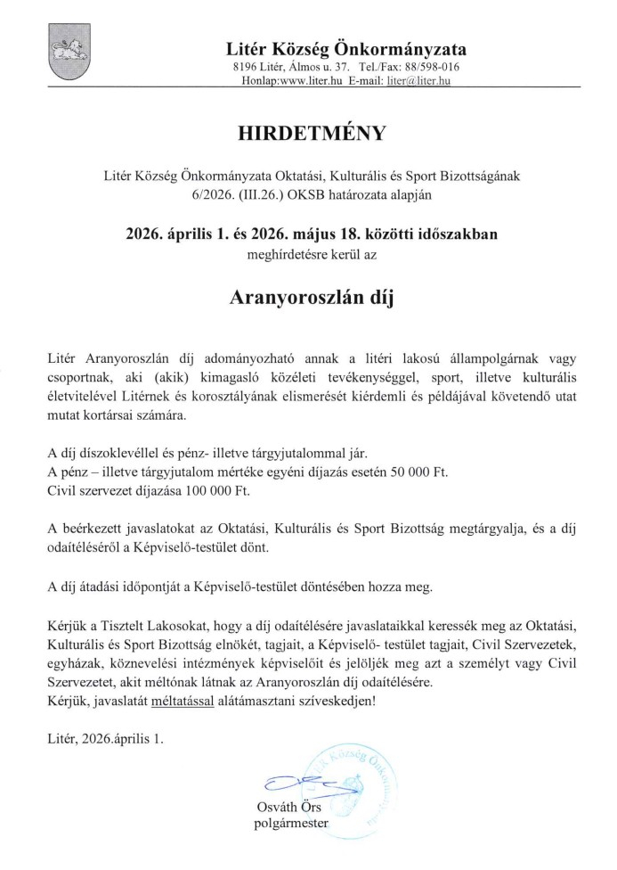 Hirdetmény - Aranyoroszlán díj 2026