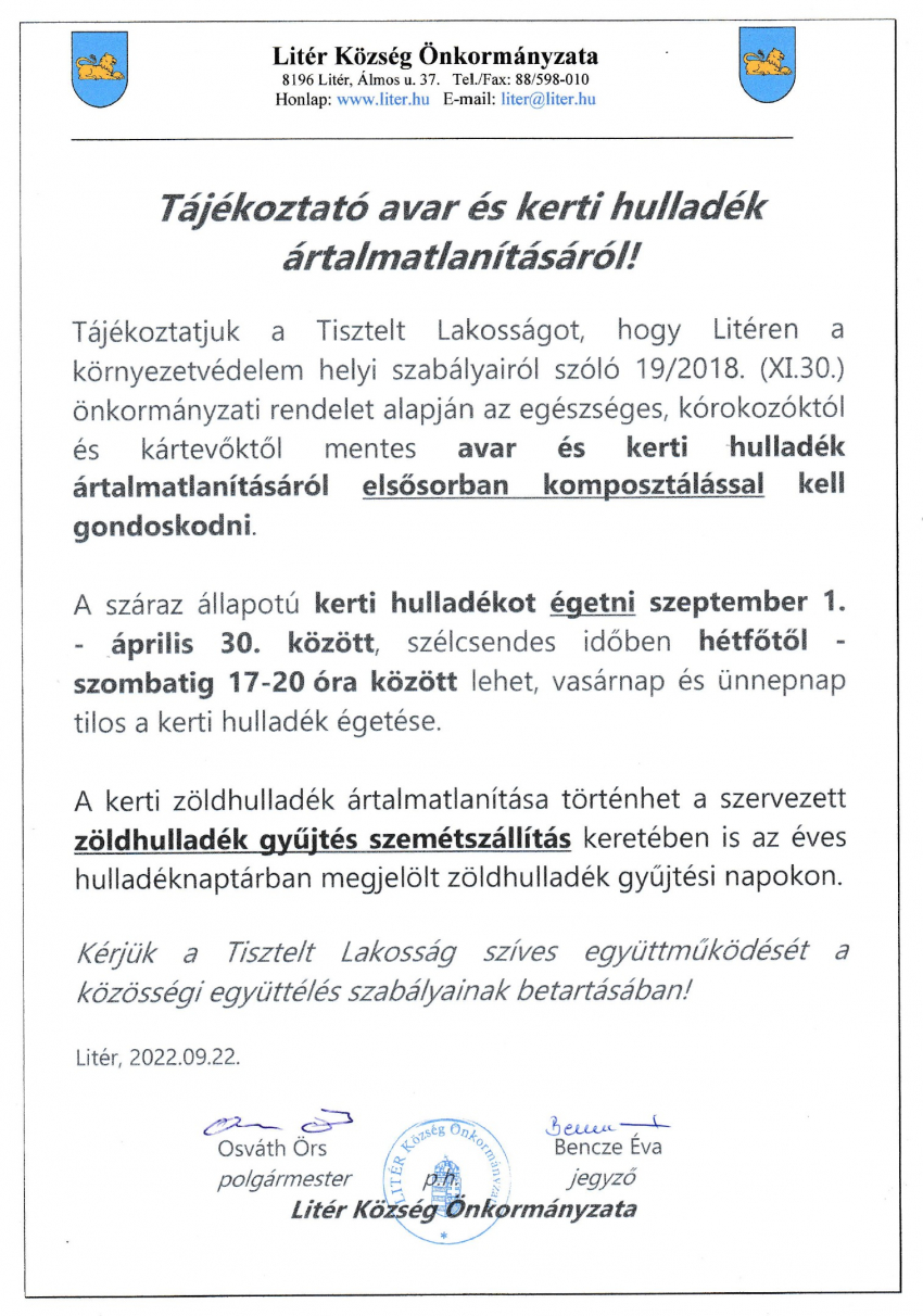 Tájékoztató avar és kerti hulladék ártalmatlanításáról!