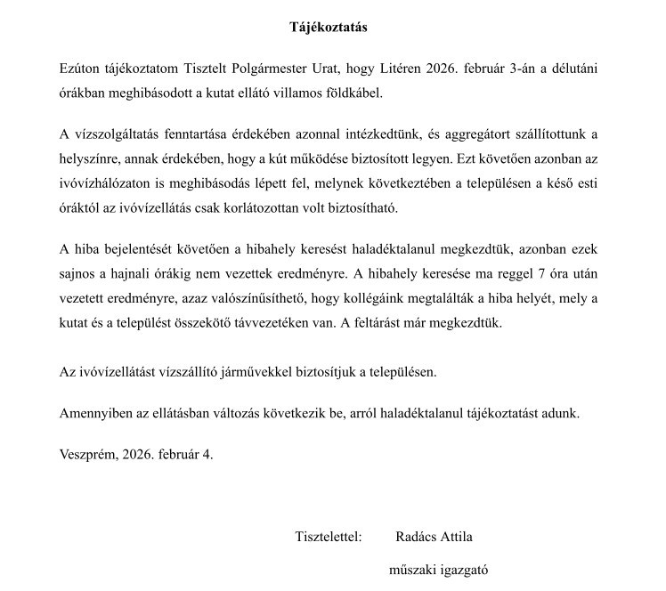 Bakonykarszt Zrt. tájékoztatása meghibásodásról!