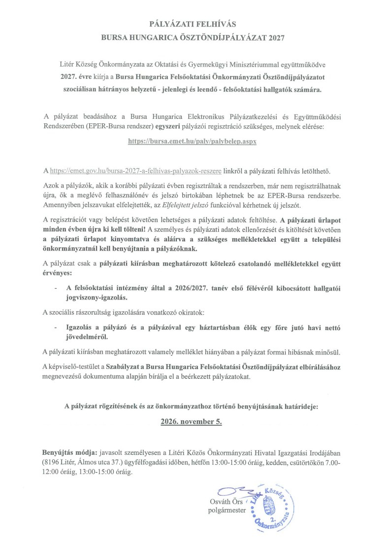 Bursa Hungarica Ösztöndíjpályázat 2027.