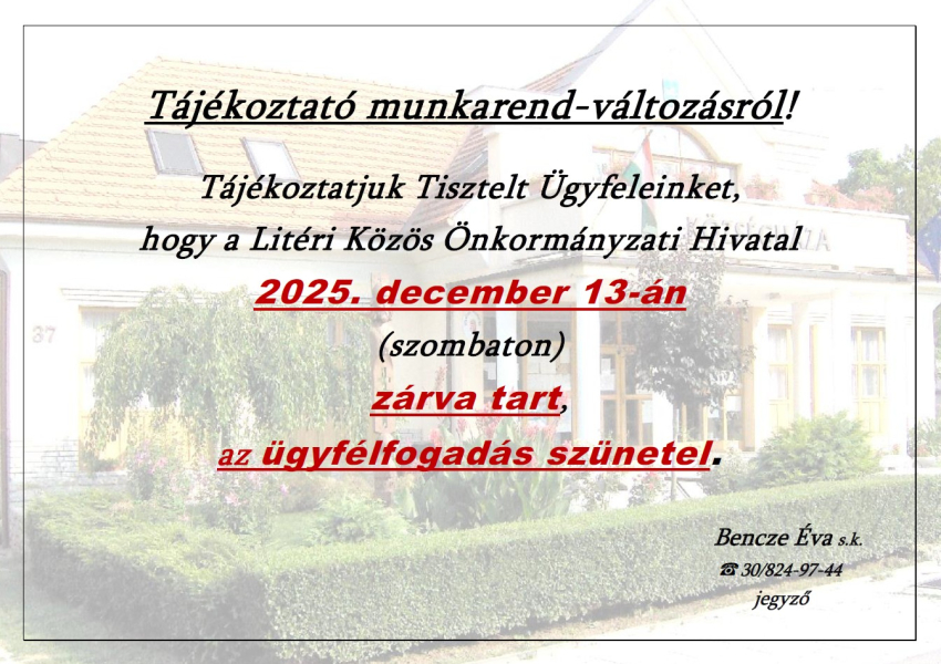 Tájékoztató munkarend-változásról - 2025.12.13.