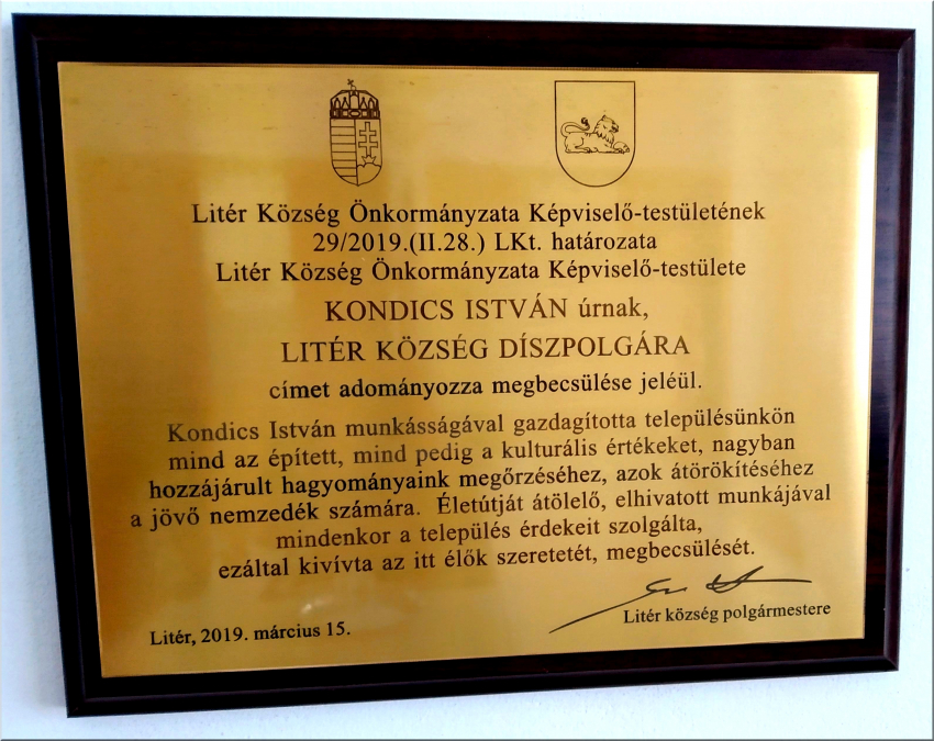 Kondics István - Litér Község Díszpolgára