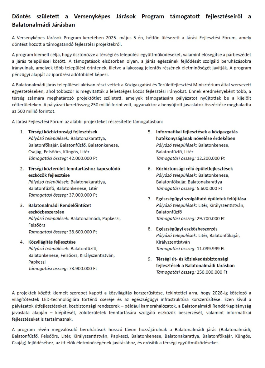Döntés született a Versenyképes Járások Program támogatott fejlesztéseiről a Balatonalmádi Járásban