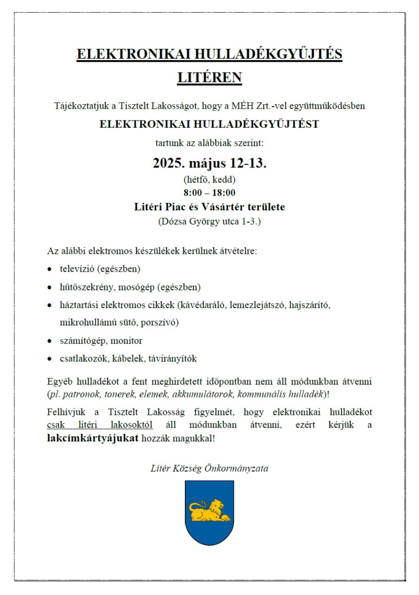 Elektronikai hulladékgyűjtés - 2025.05.12-13.