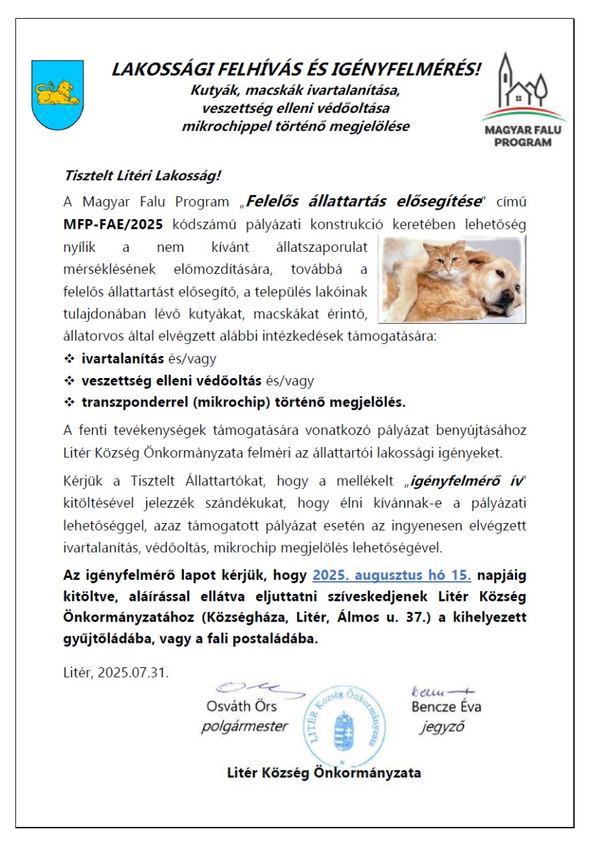 Lakossági felhívás és igényfelmérés! "Felelős állattartás elősegítése"