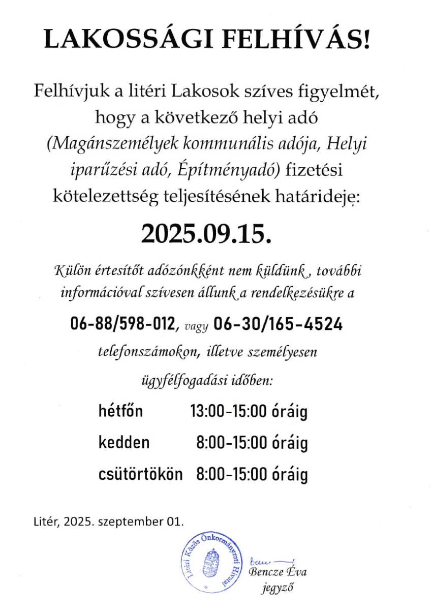 Felhívás - Helyi adó fizetési határidő 2025.09.15.