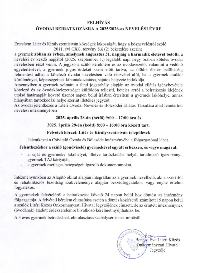 Felhívás óvodai beiratkozásra és tájékoztató bölcsődei ellátásról!