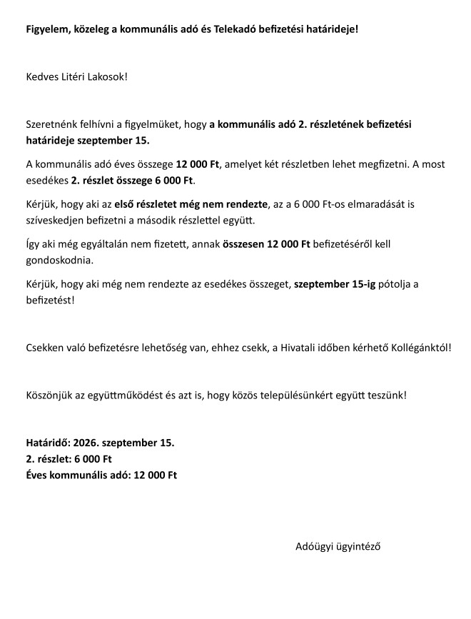 Figyelem - Kommunális adó befizetési határidő!