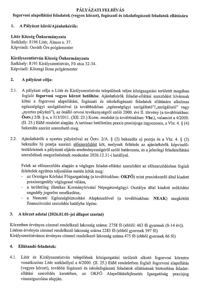 PÁLYÁZATI FELHÍVÁS FOGORVOSI ALAPELLÁTÁSI FELADATOK, FOGÁSZATI ÉS ISKOLAFOGÁSZATI FELADATOK ELLÁTÁSÁRA!