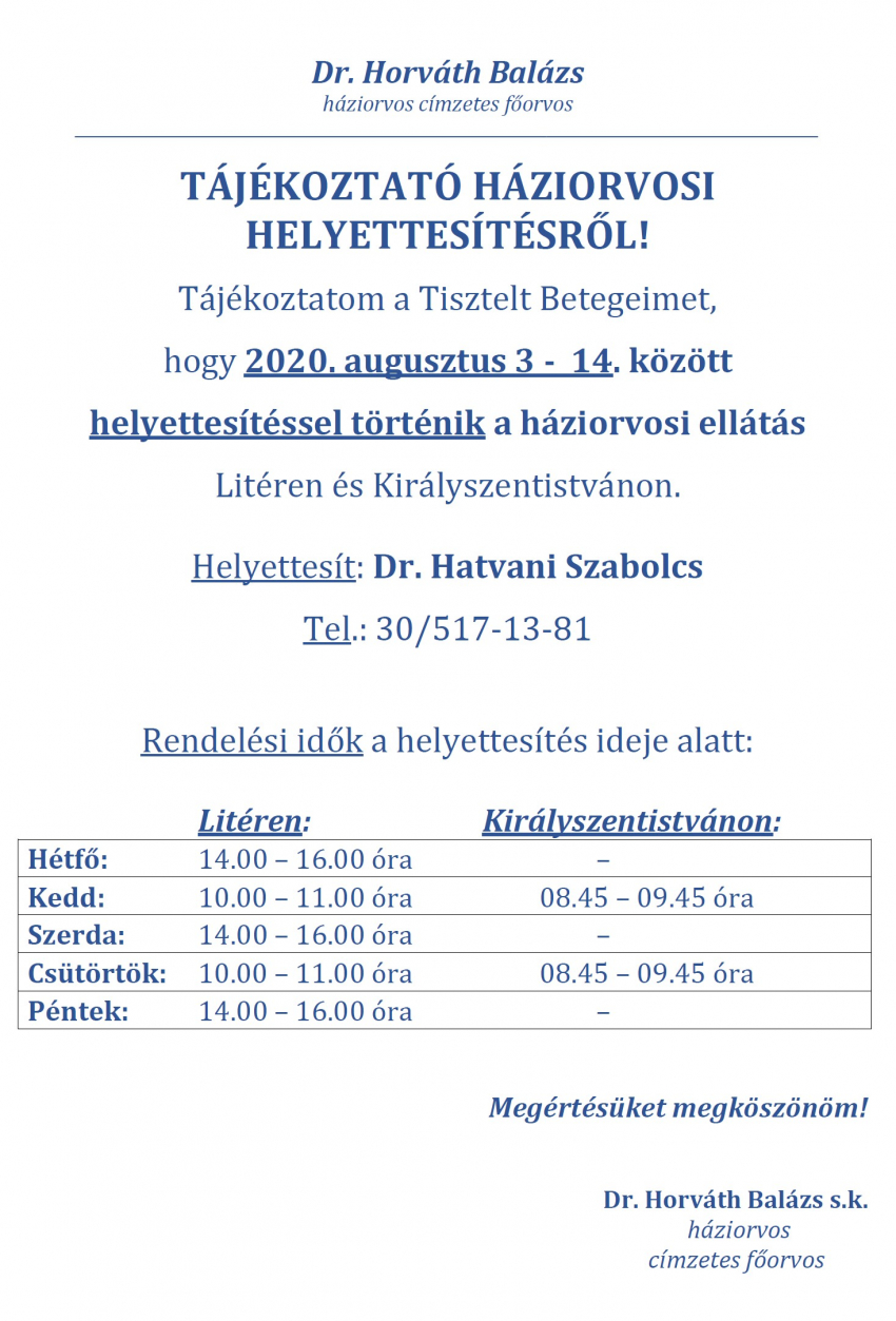 Háziorvosi helyettesítés - 2020. aug. 3-14.