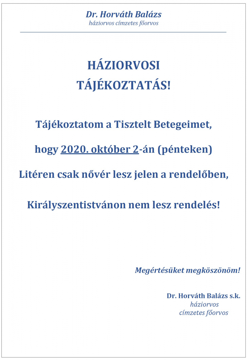 Háziorvosi tájékoztató - 2020. okt. 2. (péntek)