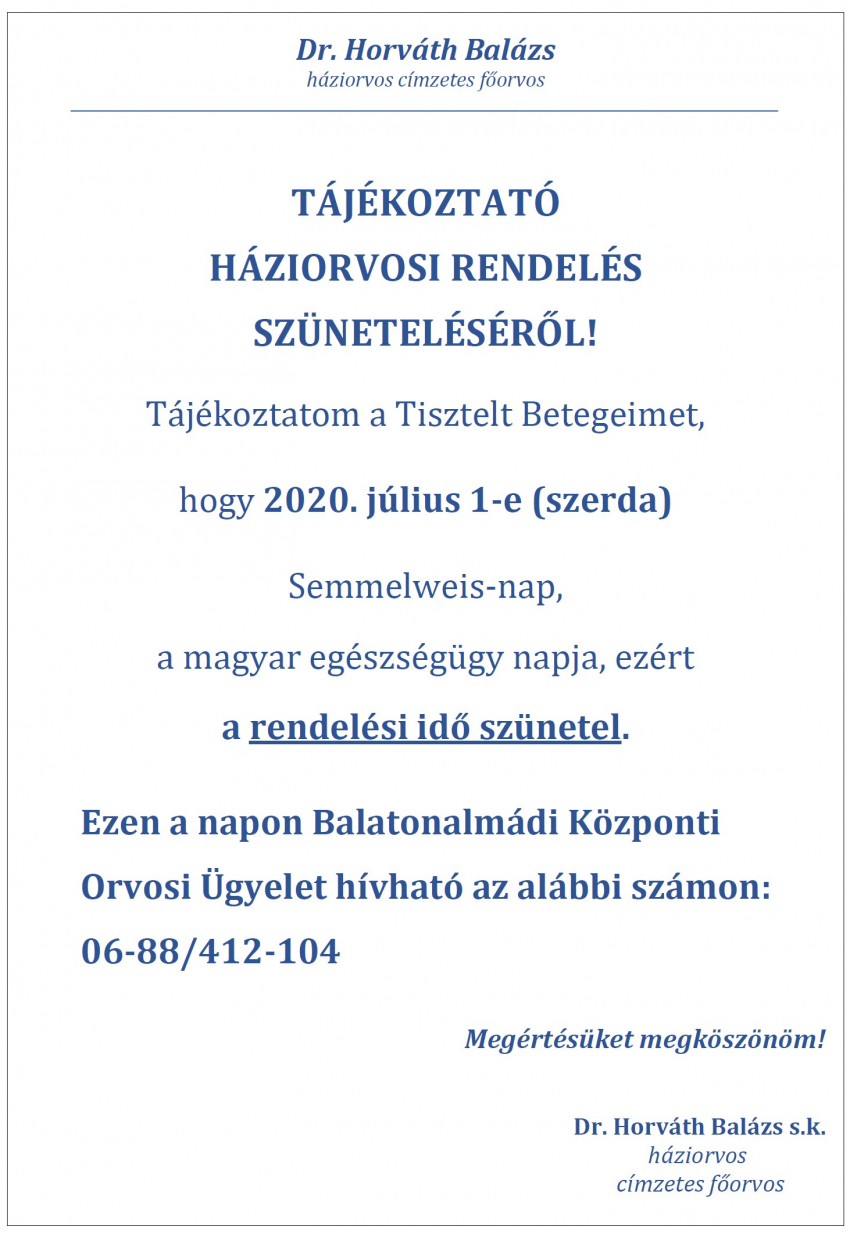 Háziorvosi tájékoztató - 2020. július 1.