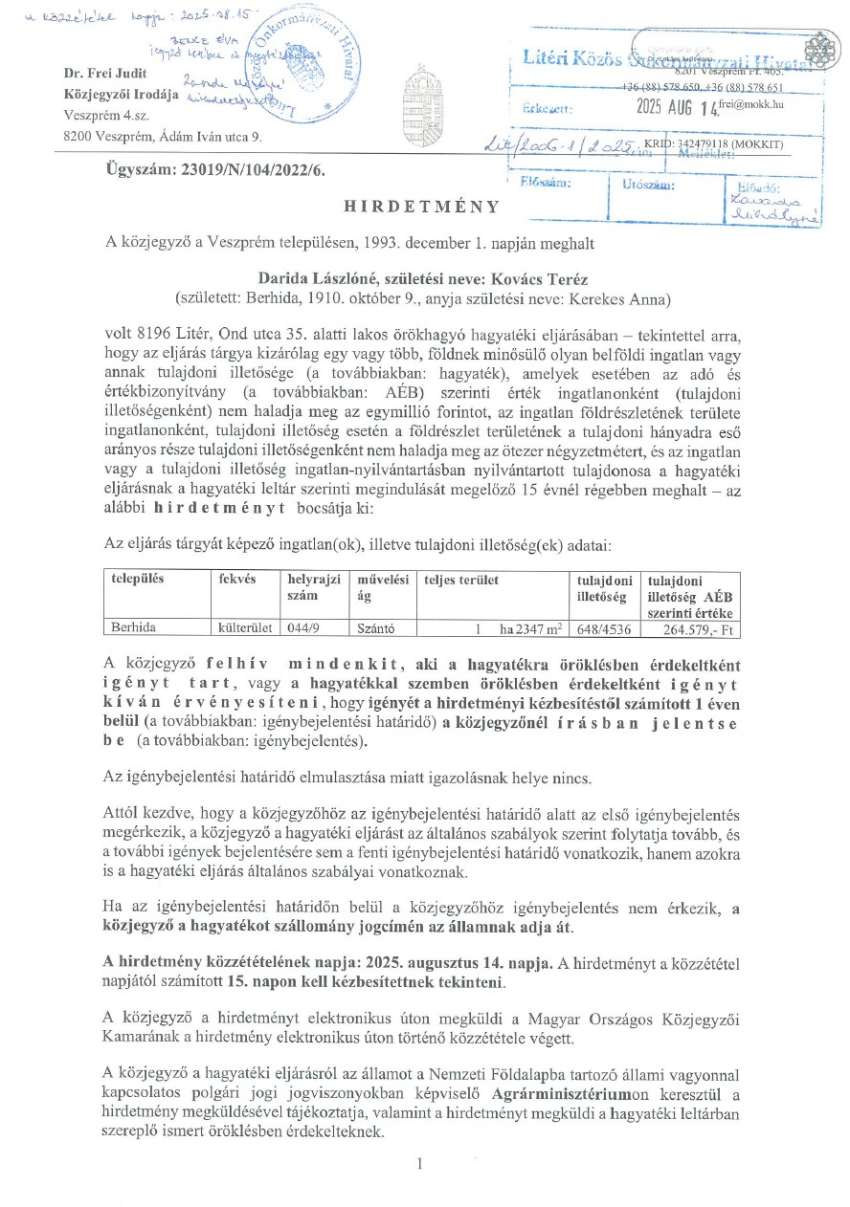 Hirdetmény - Darida Lászlóné hagyatéki eljárása