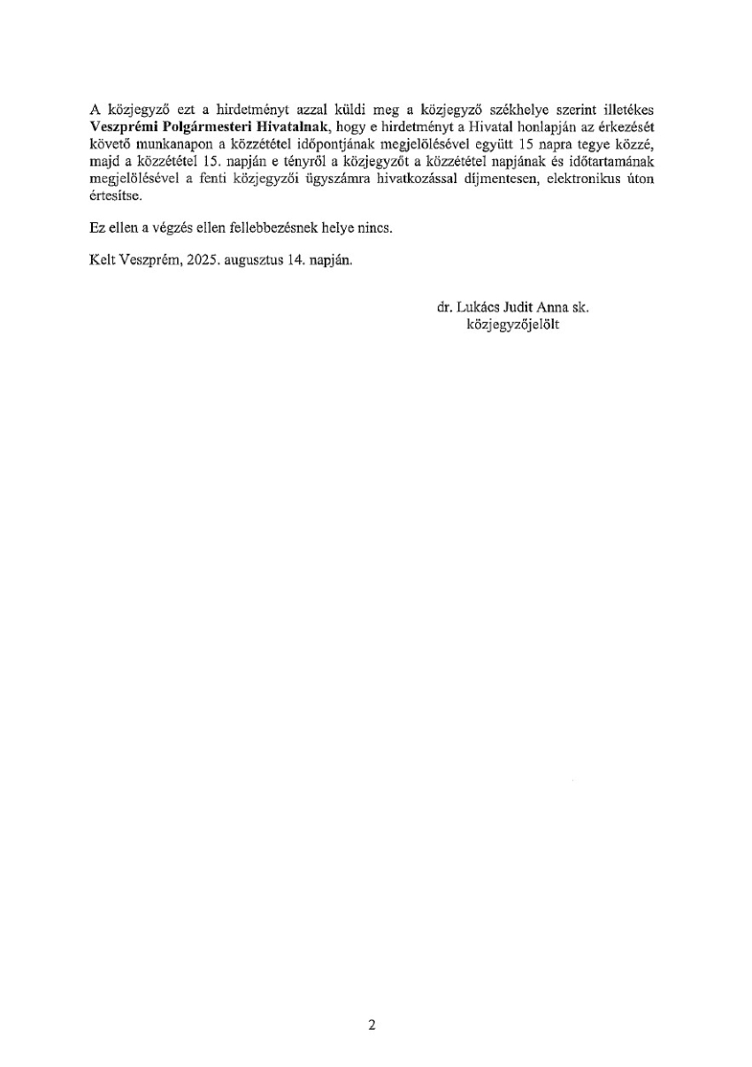 Hirdetmény - Darida Lászlóné hagyatéki eljárása