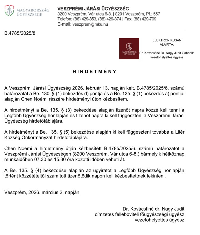 Hirdetmény B.4785/2025/8. Chen Noémi