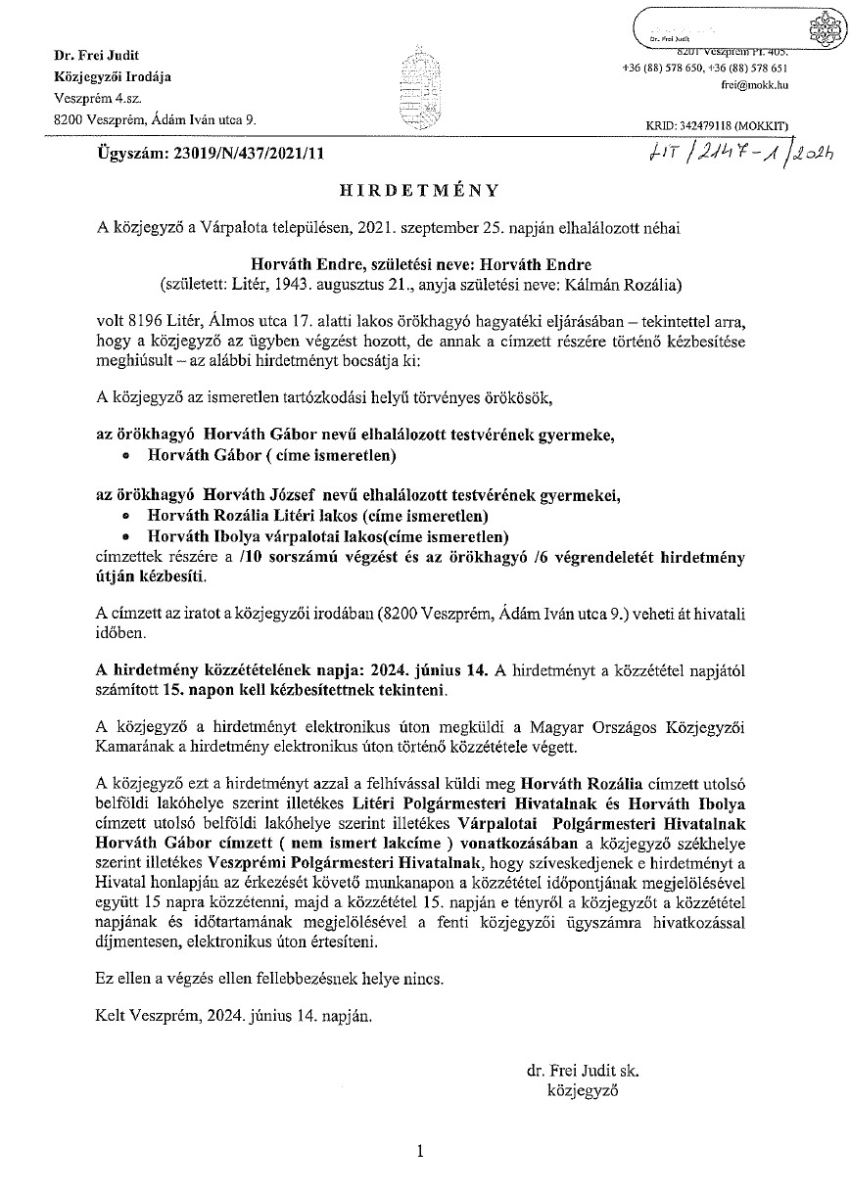 Hirdetmény - Horváth Endre hagyatéki eljárása
