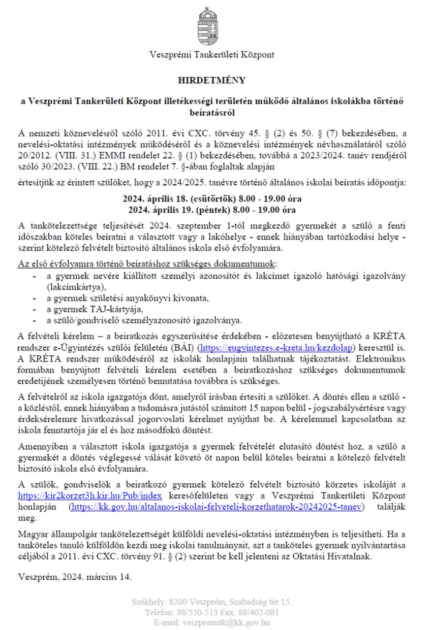 Veszprémi Tankerületi Központ hirdetménye általános iskolákba történő beíratásról