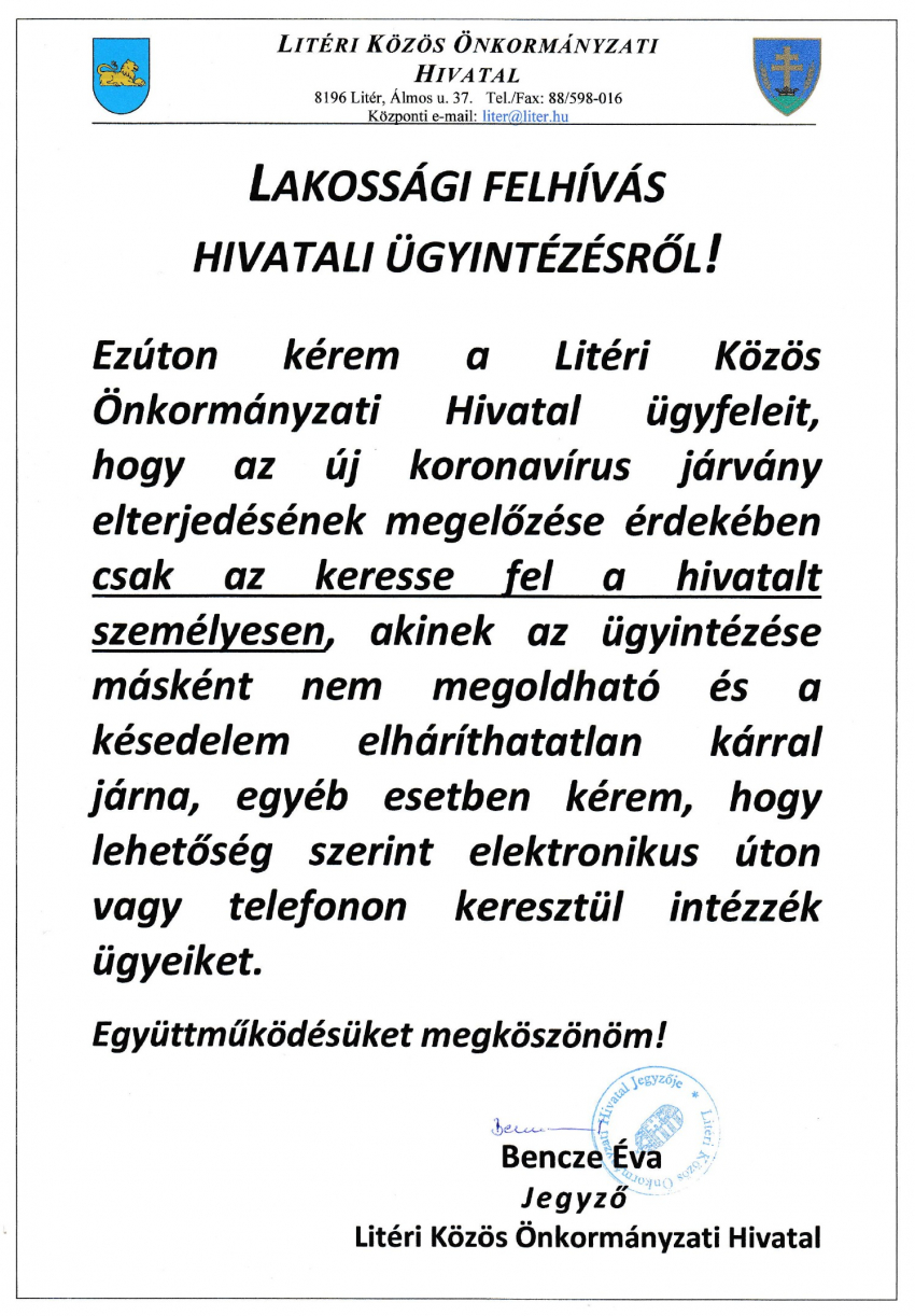 Lakossági felhívás hivatali ügyintézésről!