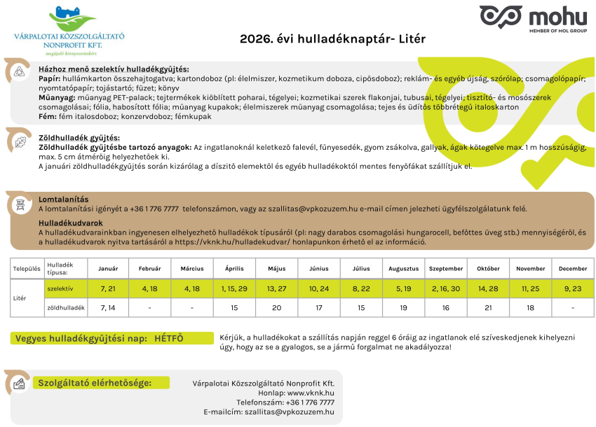 Hulladéknaptár 2026.