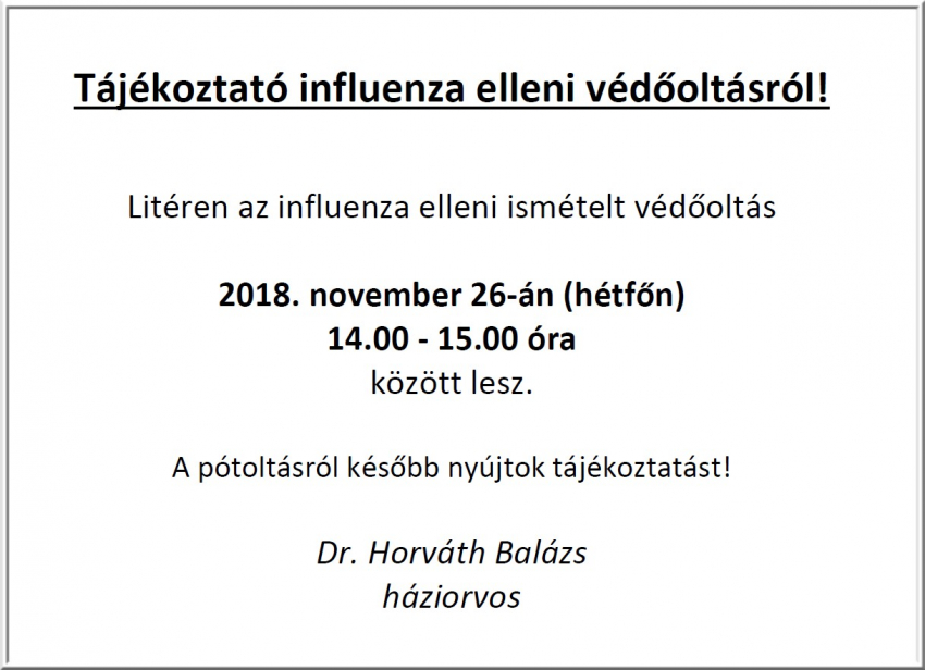 Influenza elleni védőoltás - 2018.11.26.
