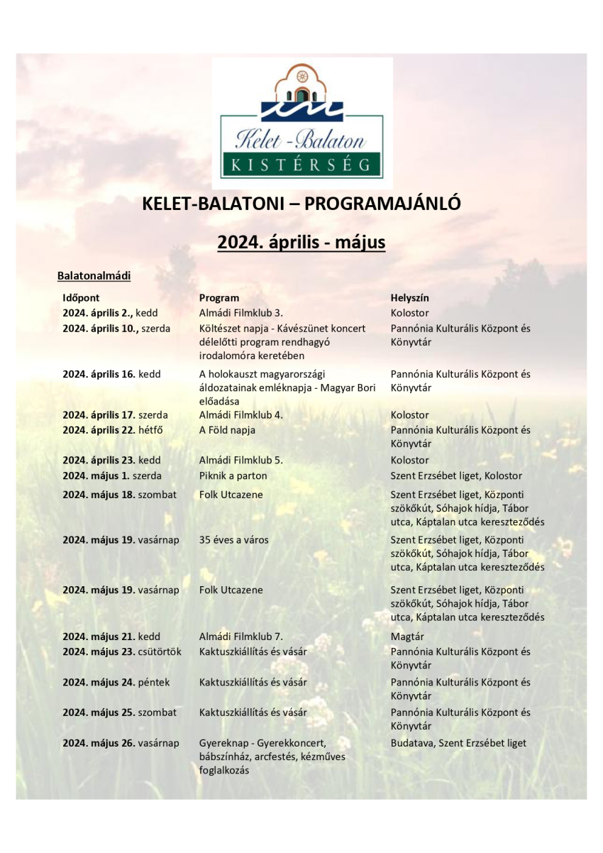Kelet-Balatoni programajánló - 2024. április, május hó