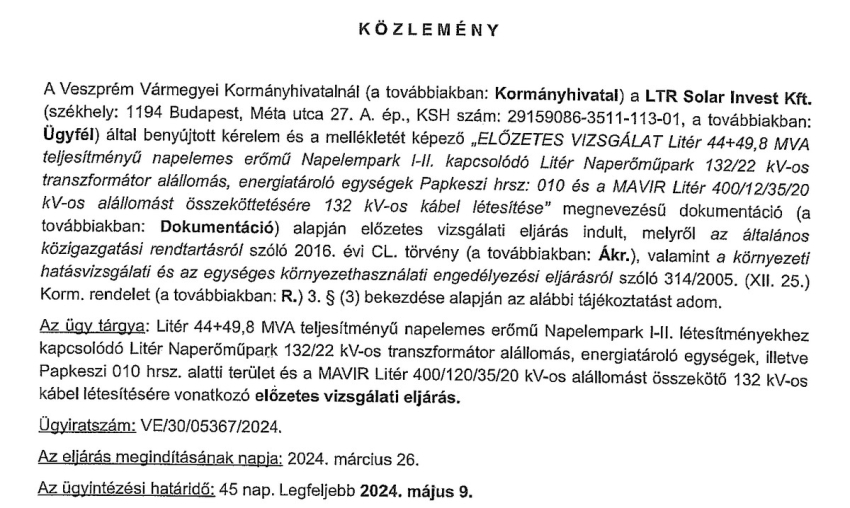 Közlemény - Litér 44+49,8 MVA teljesítményű napelemes erőmű Napelempark I-II. létesítményekhez kapcsolódó Litér Naperőműpark 132/22 kV-os transzformát