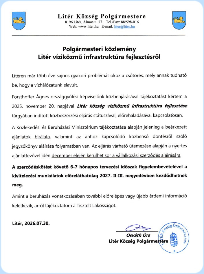 Polgármesteri közlemény Litér víziközmű infrastruktúra fejlesztésről 2026.07.30.