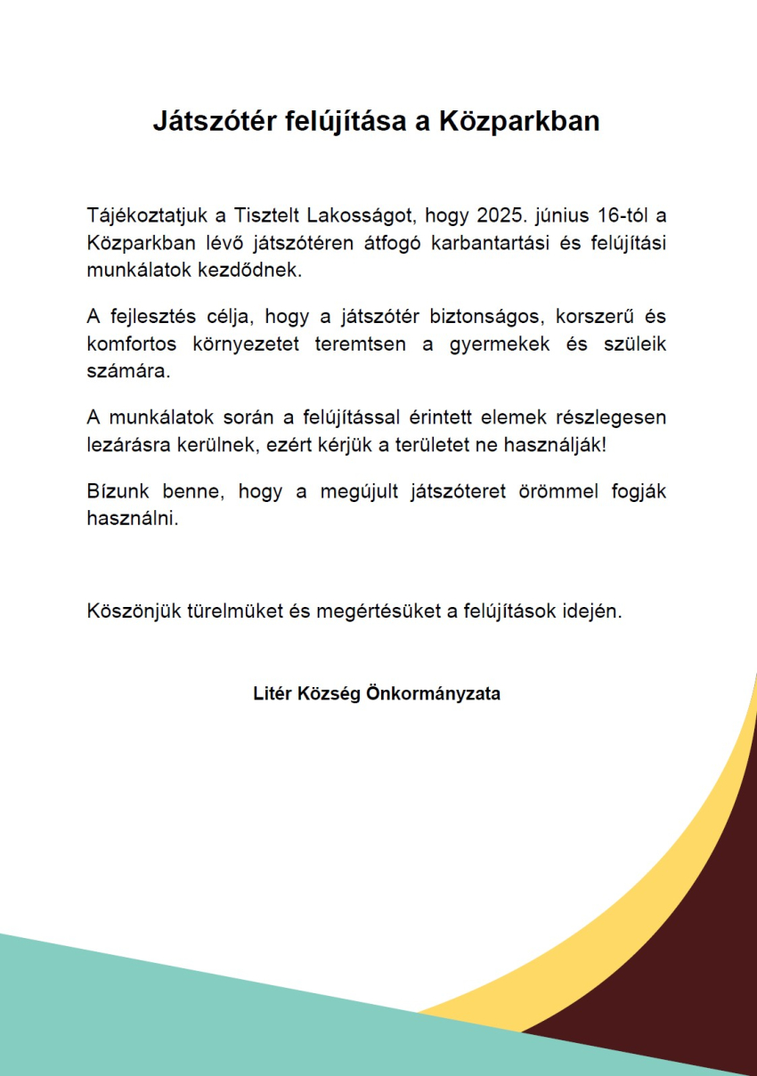 Tájékoztató játszótér felújításról a Közparkban!