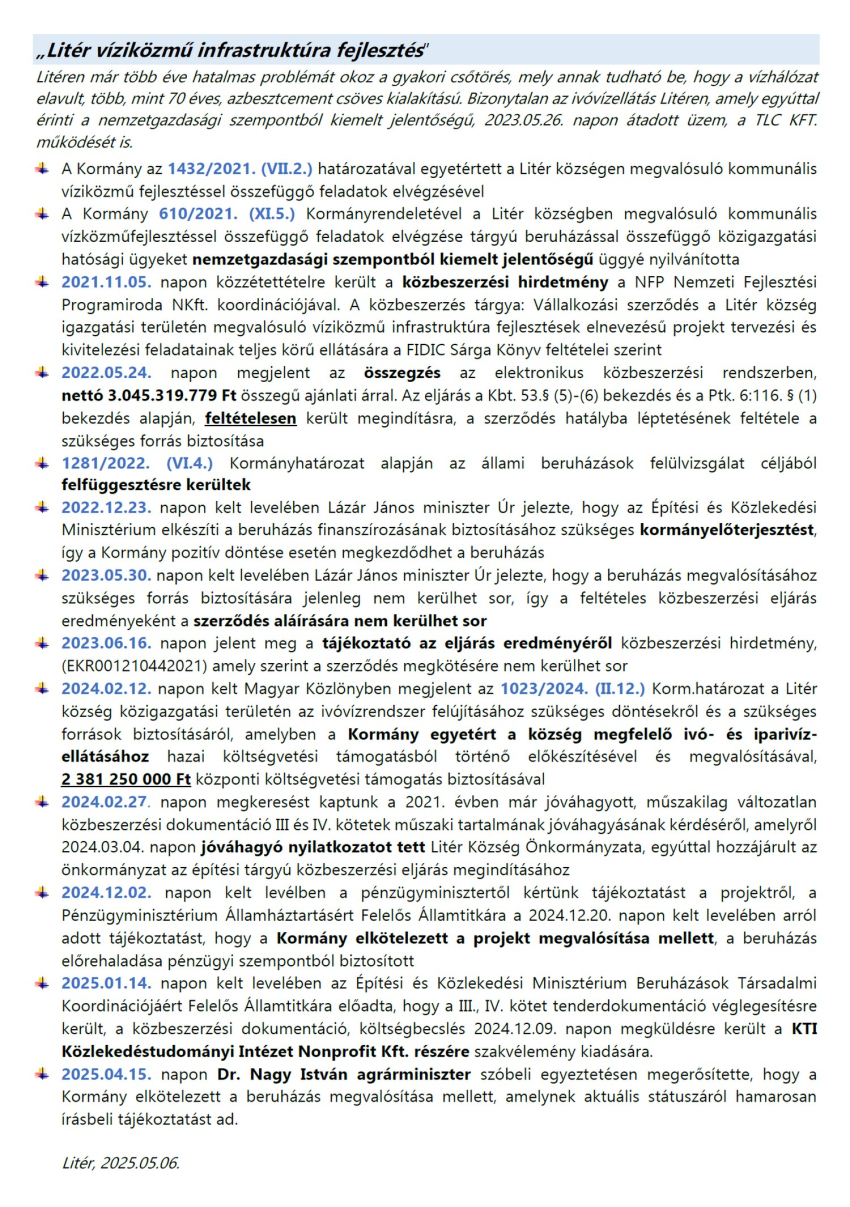 Tájékoztató a litéri víziközmű infrastruktúra fejlesztésről!