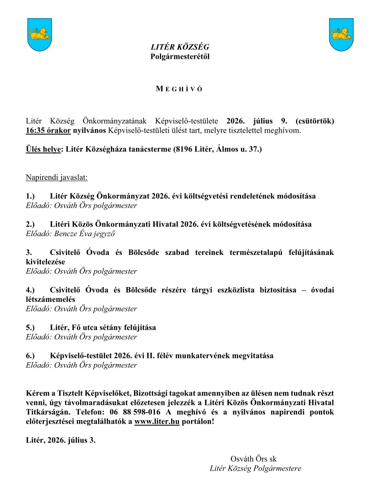 Bizottsági és Képviselő-testületi ülés - 2026.07.09.