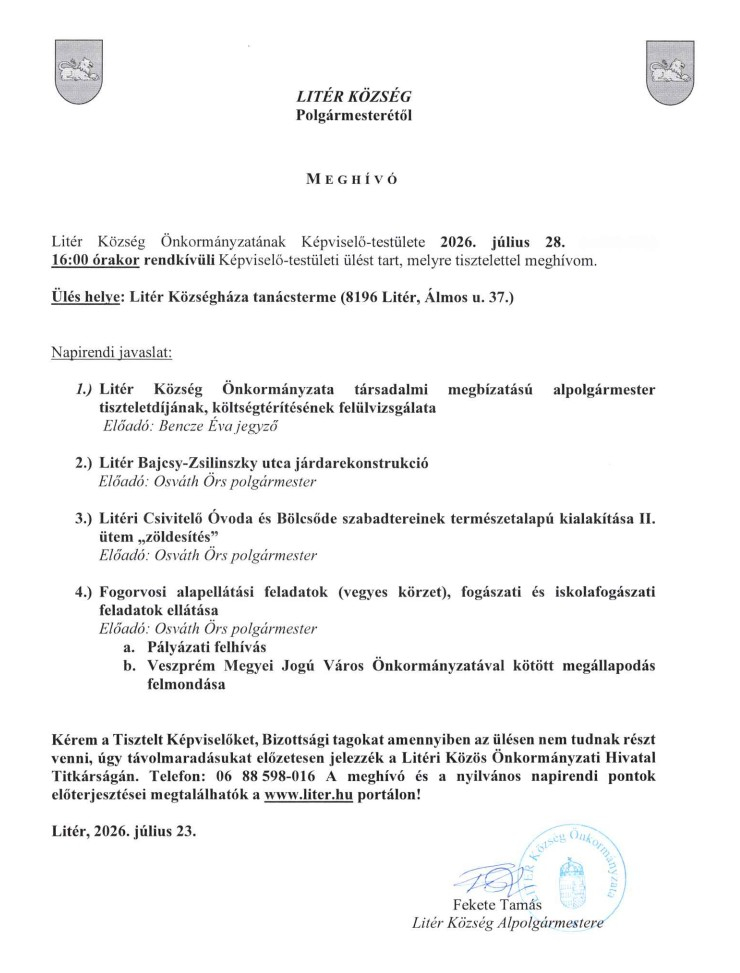 Rendkívüli Képviselő-testületi ülés - 2026.07.28.