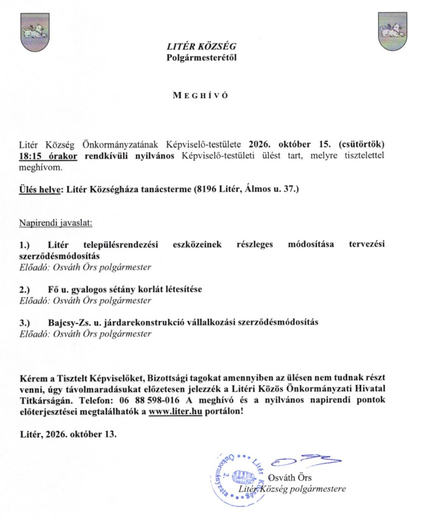 Rendkívüli Képviselő-testületi ülés - 2026.10.15.