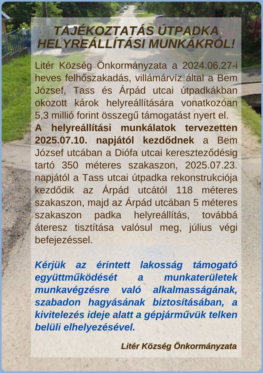 Tájékoztatás útpadka helyreállítási munkálatokról!