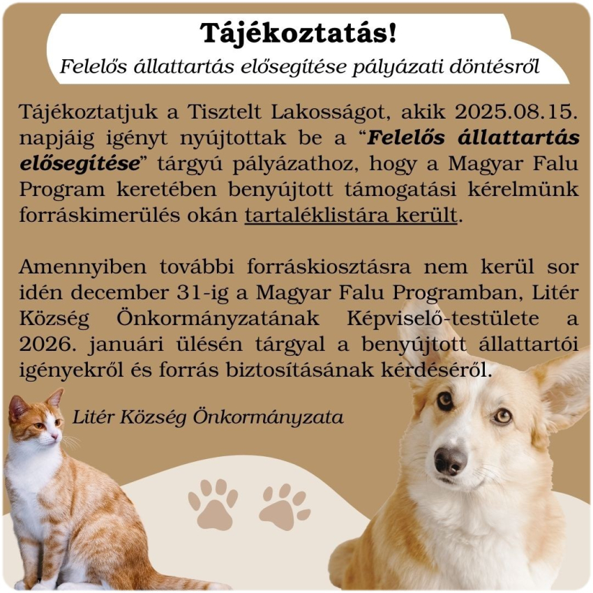 Tájékoztatás pályázati döntésről - "Felelős állattartás elősegítése"