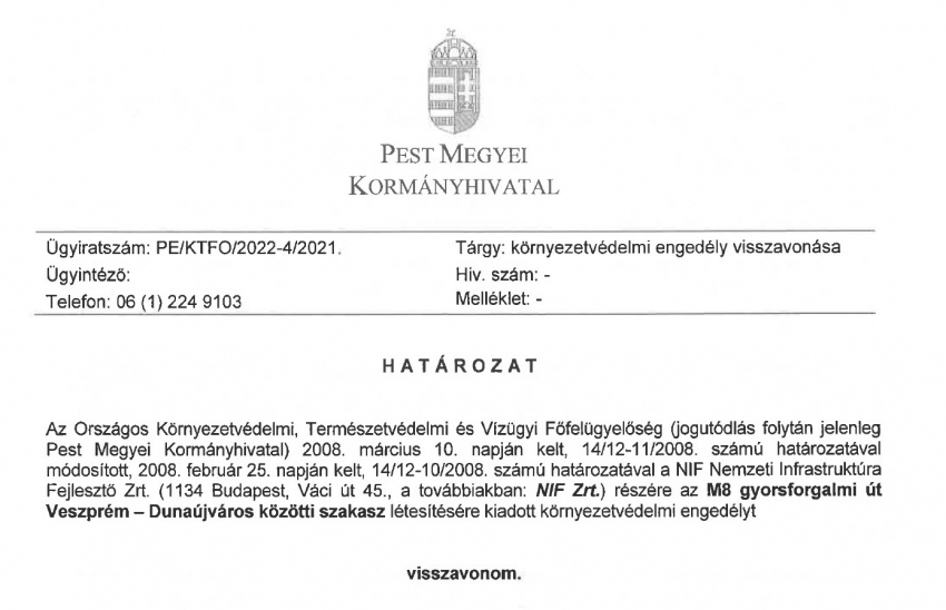 Határozat közzététele - M8 gyorsforgalmi út környezetvédelmi engdély visszavonása