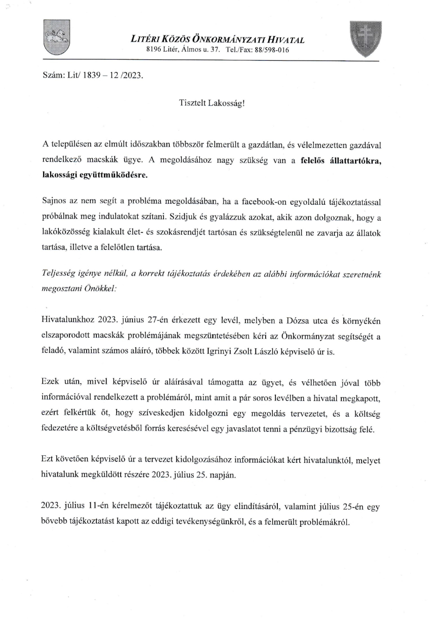 Tájékoztatás - Elszaporodott macskák ügye a településen!