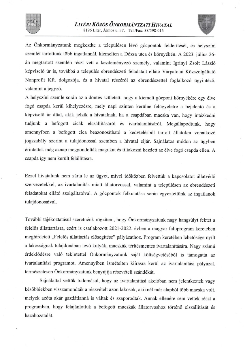 Tájékoztatás - Elszaporodott macskák ügye a településen!