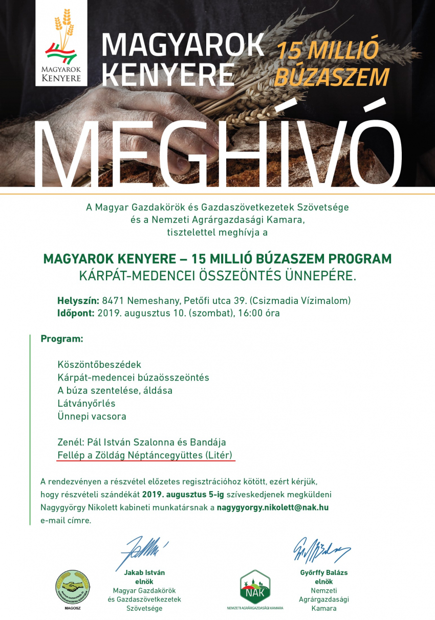 Magyarok Kenyere - 15 millió búzaszem program Kárpát-medencei összeöntés ünnepe!