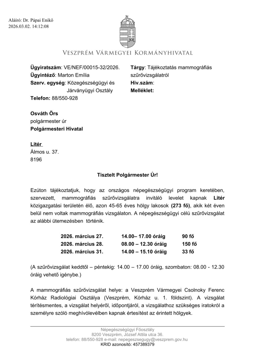 Tájékoztatás mammográfiás szűrővizsgálatról!